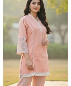 PEACH COLOUR COTTON CHICKENKARI CO-ORD SET